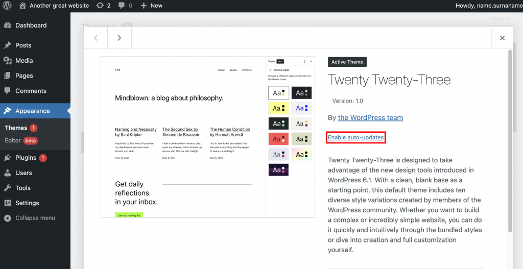 Appearance section on WordPress admin dashboard. Enable auto-updates button is highlighted
