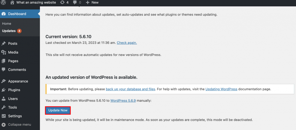 WordPress recognizing the older version as the target version for core update thanks to WP Downgrade.