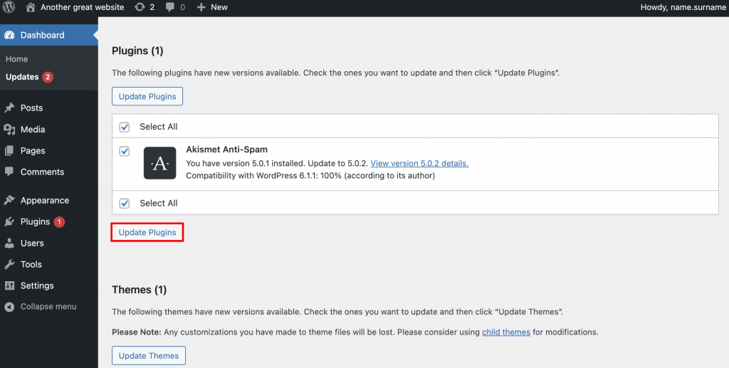 The button to update plugins on the WordPress dashboard