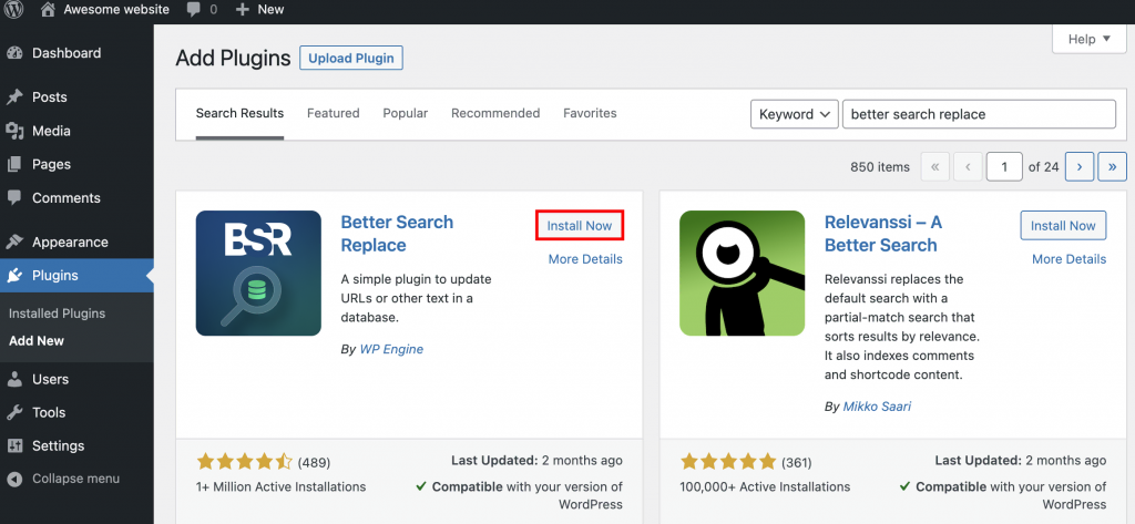Plugins add new section on WordPress dashboard. The Install Now button near the Better Search Replace plugin is highlighted