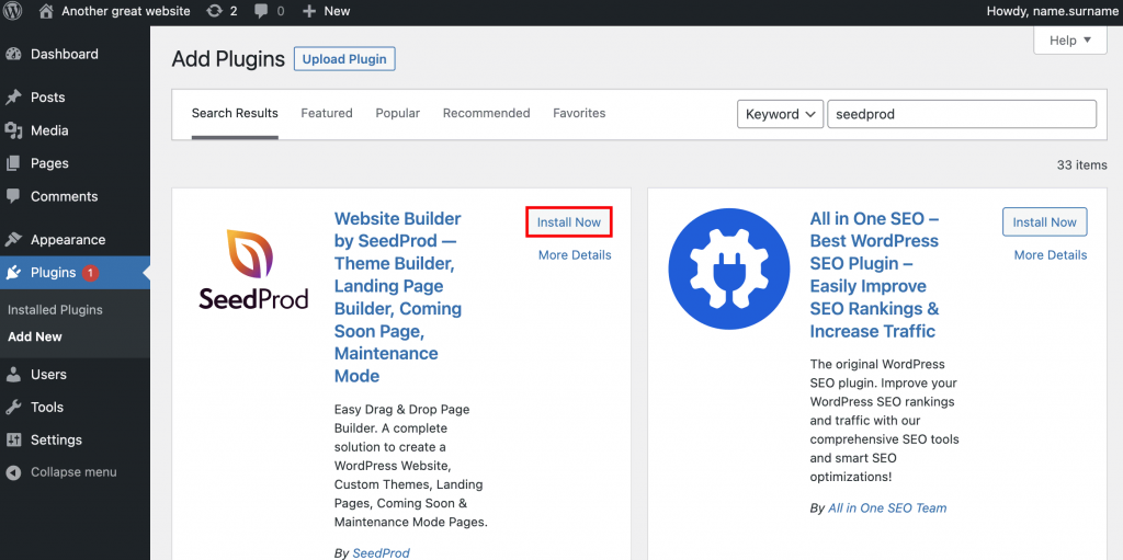 The plugins menu on the WordPress dashboard. The Install Now button is highlighted for the SeedProd plugin