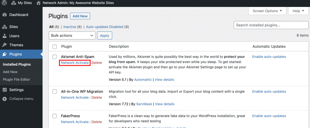 The location of the Network Activate option for WordPress Multisite plugins.