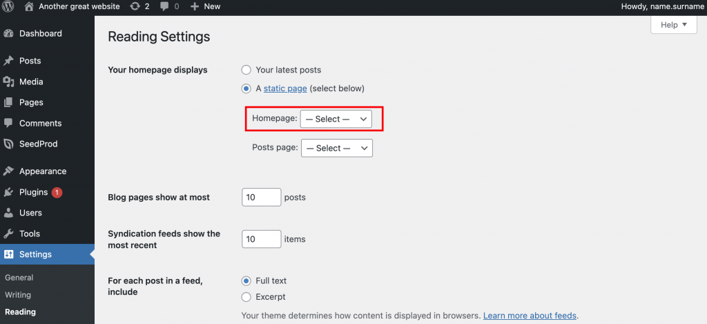 The Reading Settings menu in WordPress that can be used to change your page into a static page