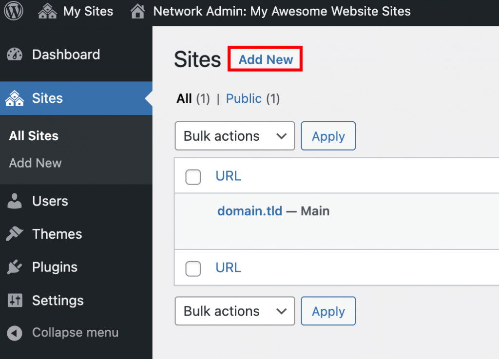 The location of the Add New menu in the network admin WordPress dashboard.