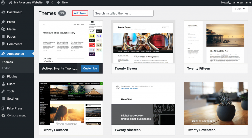 The Themes page on WordPress dashboard. The Add New button is highlighted