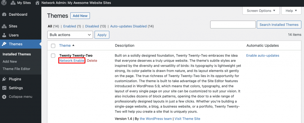 The location of the Network Enable option for WordPress Multisite themes.