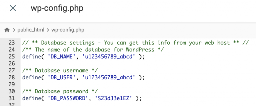 The database details inside wp-config.php file