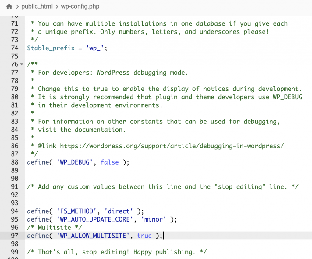 The WordPress Multisite code added to the wp-config.php file using the File Manager text editor.