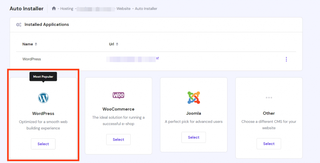 Hostinger's Auto Installer feature, highlighting the WordPress option

