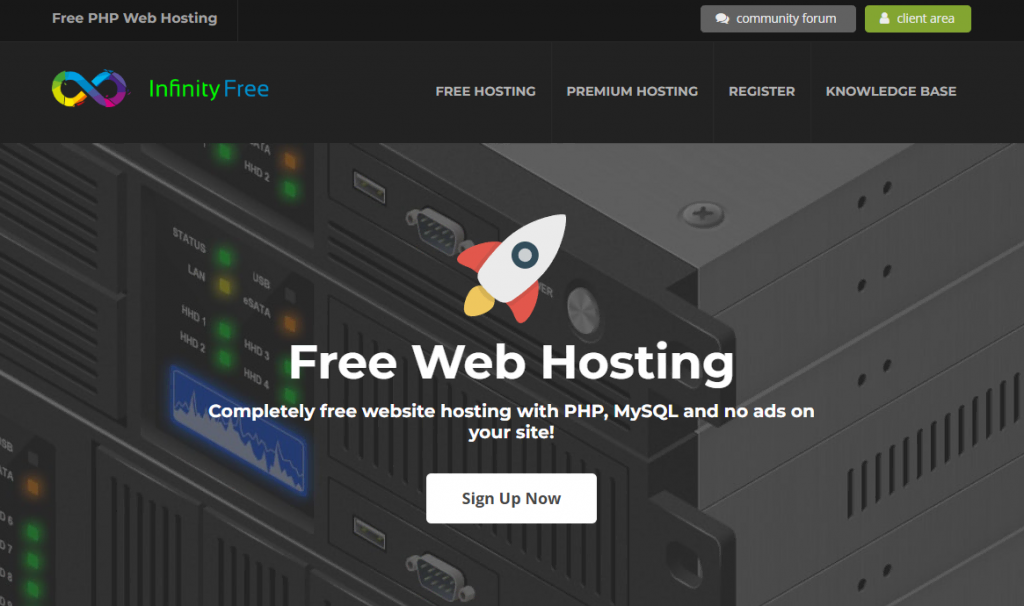  InfinityFree's, a Linux and Apache-based free website hosting provider, landing page
