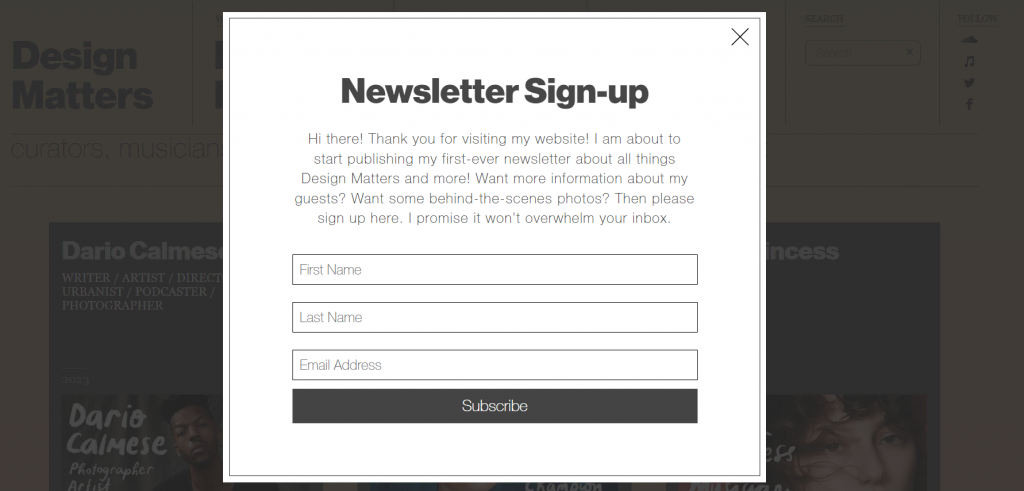 Newsletter pop-up on DesignMatters website