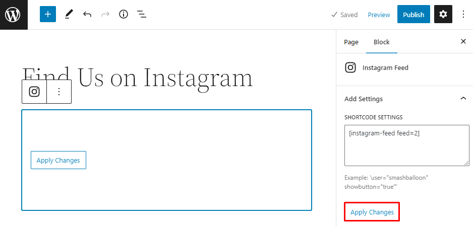 The Find Us on Instagram page on the WordPress editor, highlighting the Apply Changes button