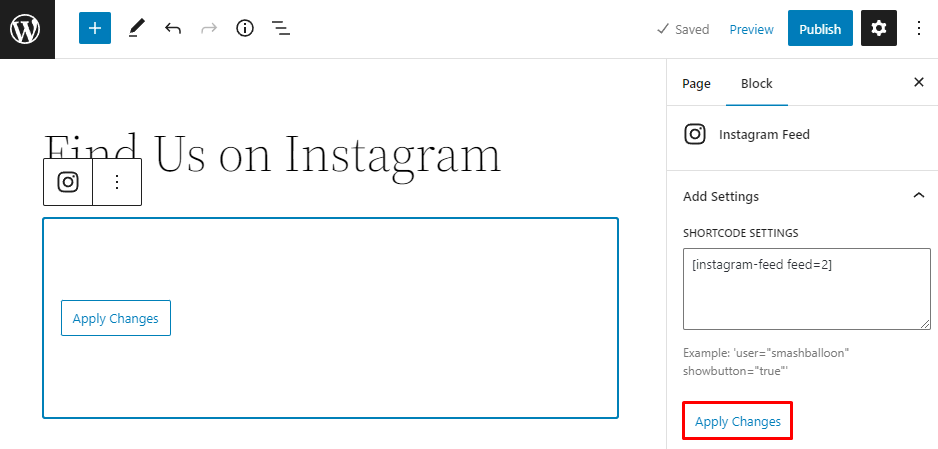 صفحة Find Us on Instagram في محرر WordPress ، مع تمييز زر تطبيق التغييرات