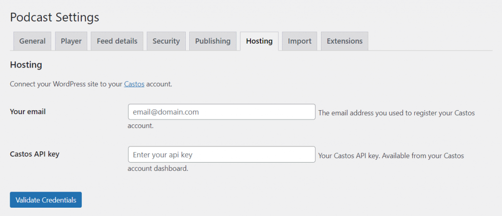 The Hosting tab on the WordPress dashboard, as seen on Seriously Simple Podcasting plugin settings
