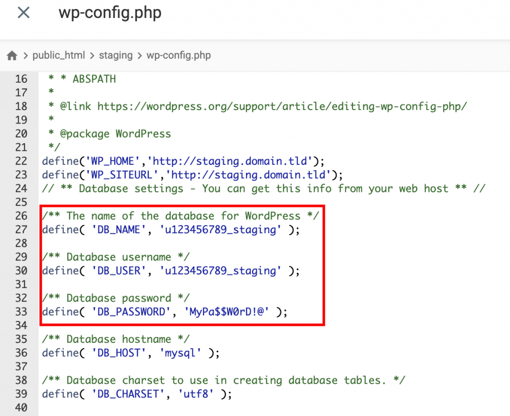 The database name, username, and password in the wp-config.php file.