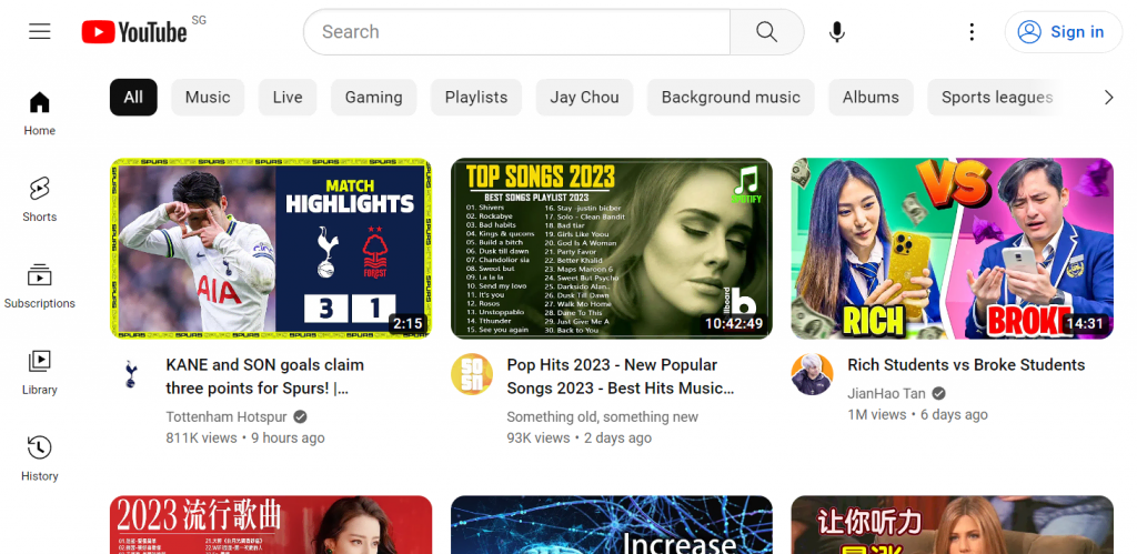 The homepage of YouTube