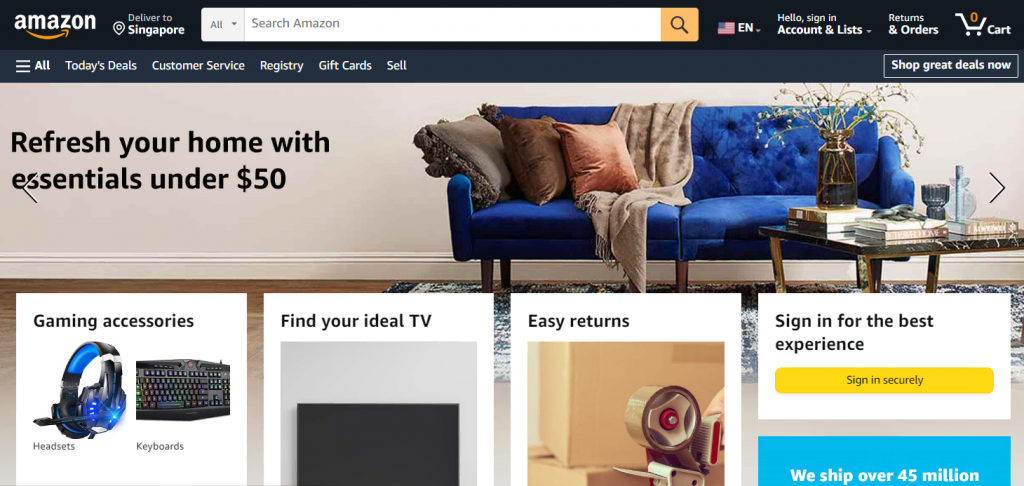 The landing page of Amazon