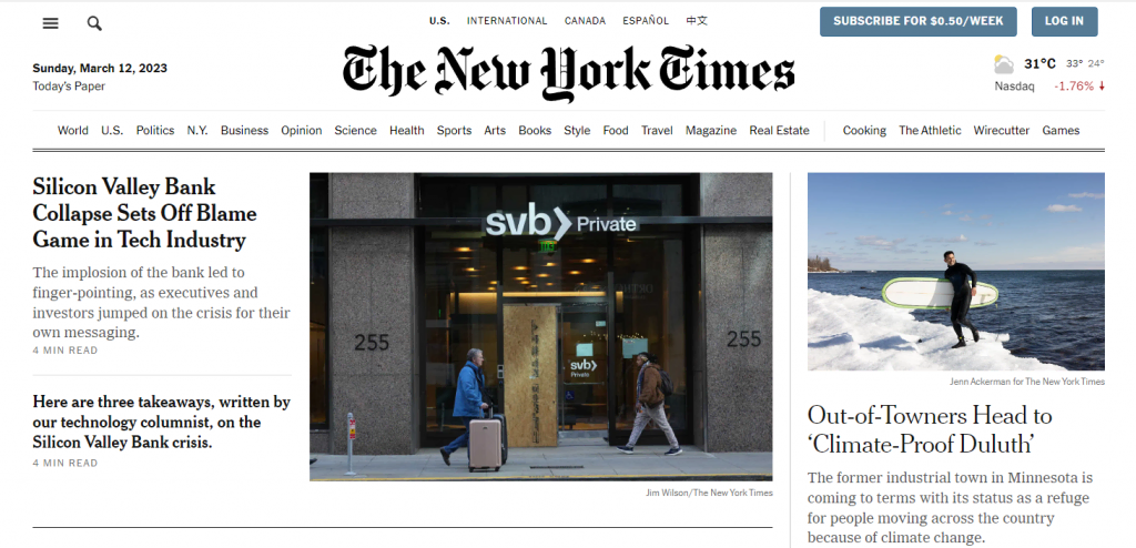 The landing page of The New York Times