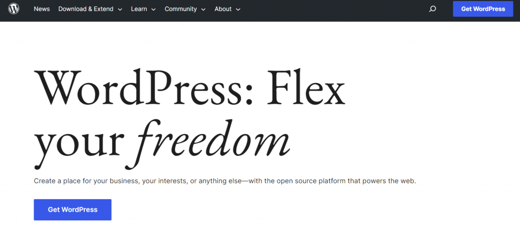 The landing page of WordPress