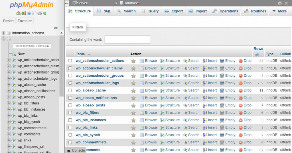 The phpMyAdmin database of a WordPress website