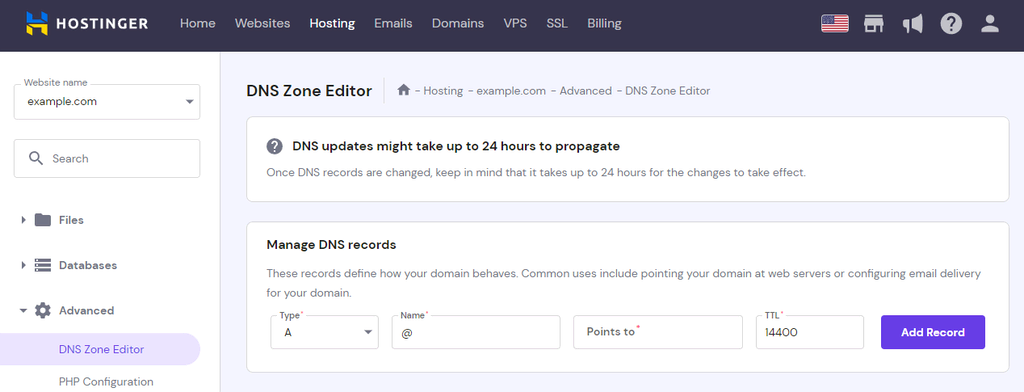 The DNS Zone Editor section on hPanel