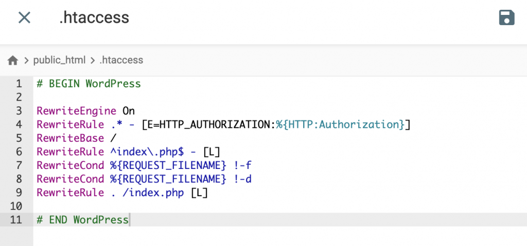 The default WordPress htaccess file contents on Hostinger File Manager