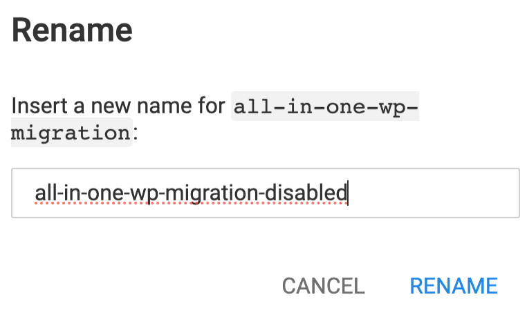 The renaming process for the All in one WP migration plugin folder at Hostinger File Manager
