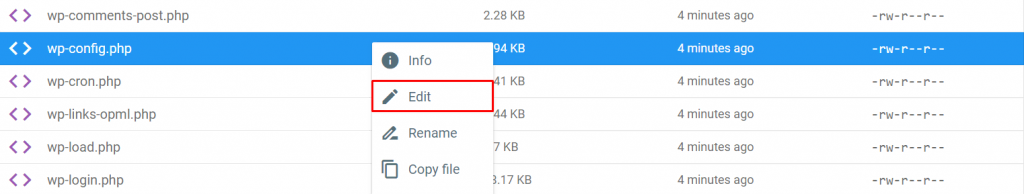 wp-config.php file in File Manager is selected with a right-click and edit option is highlighted. 