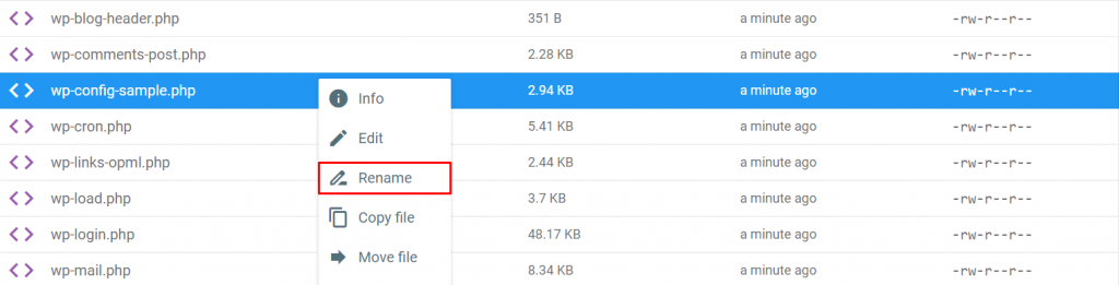 wp-config-sample.php file in File Manager is selected with a right-click and rename option is highlighted. 