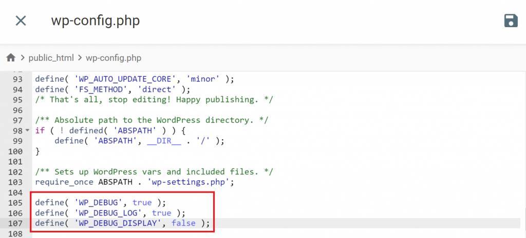 wp-config.php file, highlighting the wp_debug code snippet