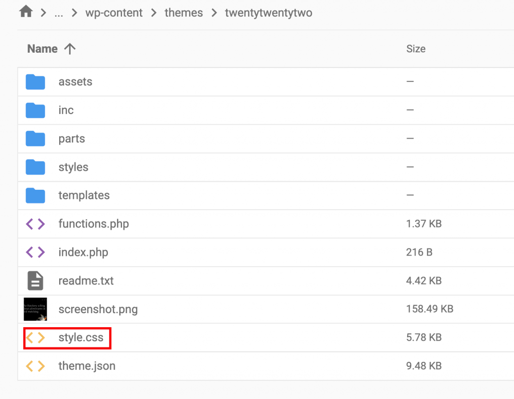 The twentytwentytwo theme directory on the file manager. The style.css file is highlighted