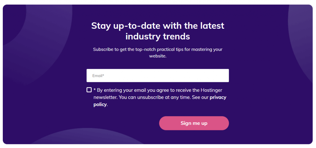 The Hostinger's subscription form, where visitors can sign up with their email address.