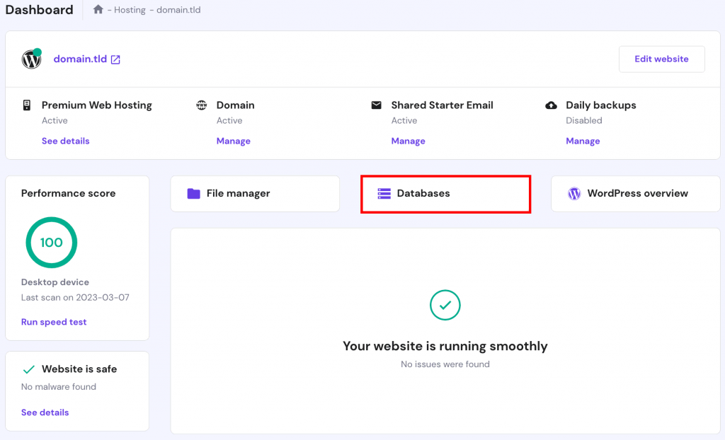 The hPanel dashboard with the databases option highlighted