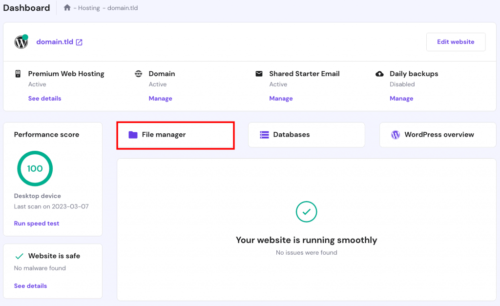 hPanel dashboard, File manager highlighted