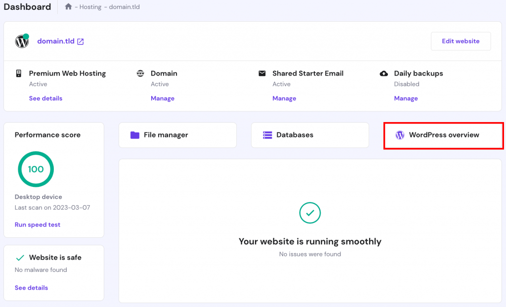 The hPanel dashboard. The WordPress overview button is highlighted