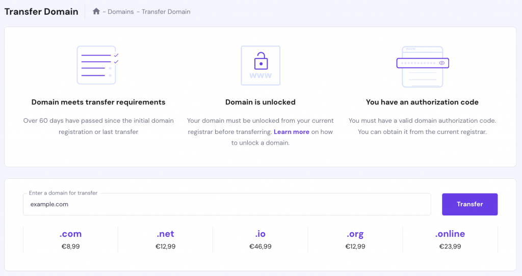 The Transfer Domain page on hPanel