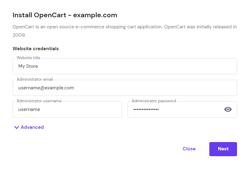 Install OpenCart window on hPanel