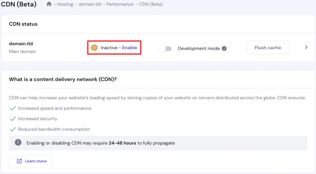 The Hostinger CDN Zone. The Enable button near a domain is highlighted