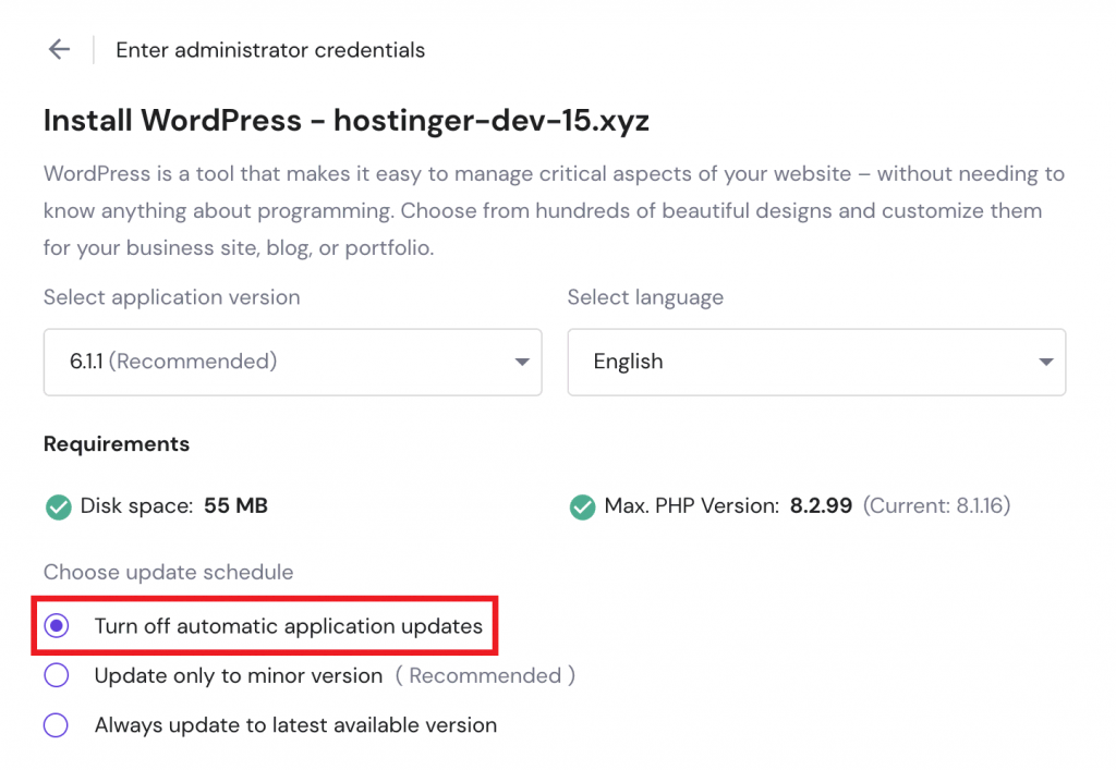 The turn off automatic application updates selection in hPanel's WordPress installation window