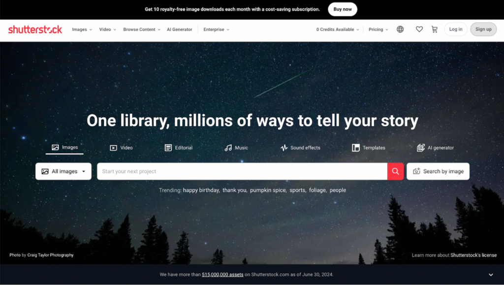 Homepage of Shutterstock