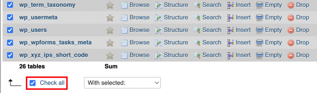 The phpMyAdmin interface, the Check all button is highlighted.