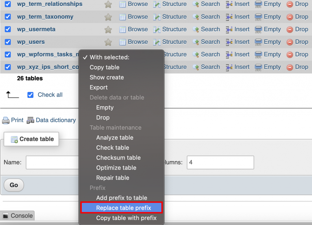 The phpMyAdmin interface, the Replace table prefix button is highlighted.