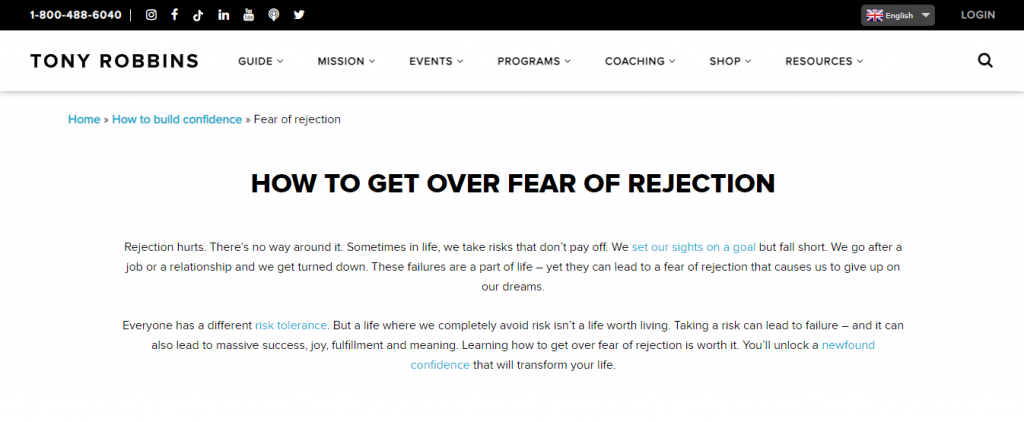 The How to Get Over Fear of Rejection article on the Tony Robbins website