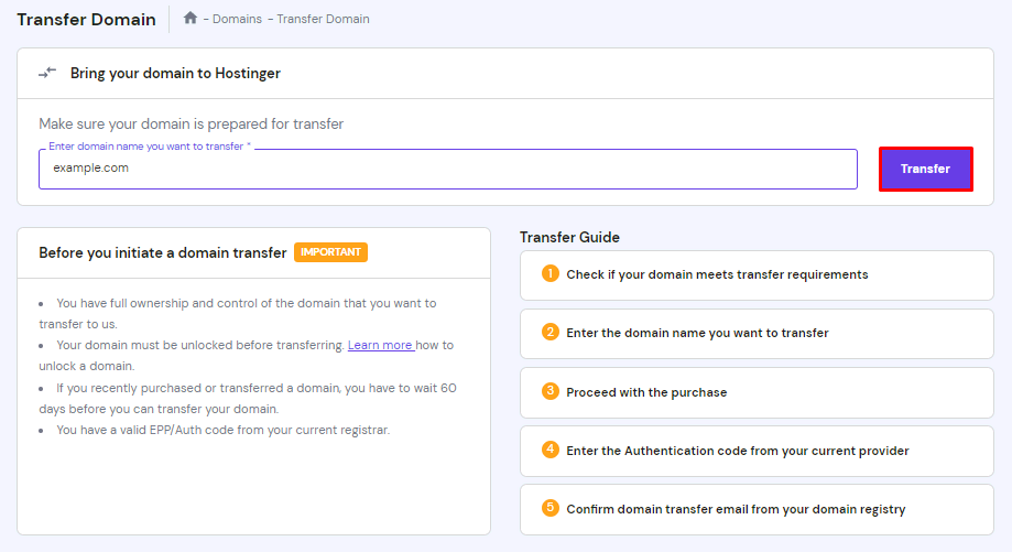 The Transfer Domain page on hPanel, highlighting the Transfer button
