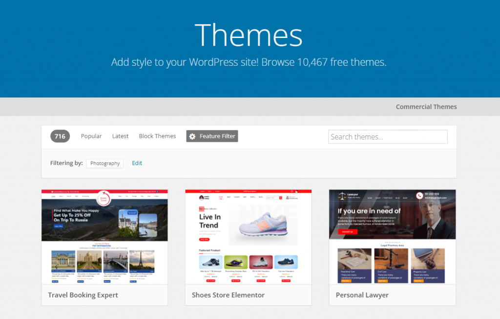 WordPress photography themes in its theme directory