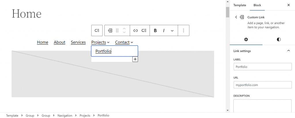 The Portfolio menu item's link settings in Site Editor