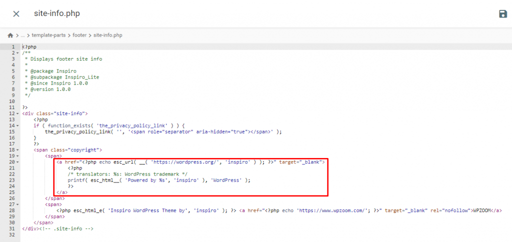 An example of the "powered by WordPress" code in the site-info.php editor.