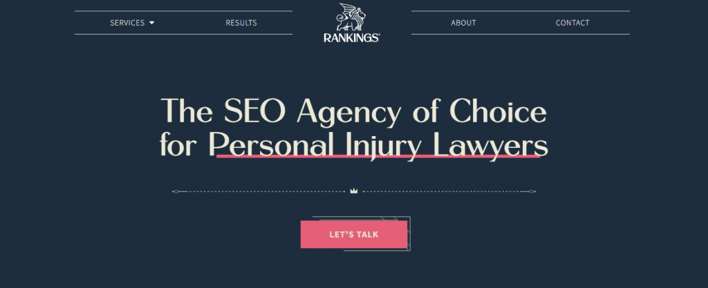 The homepage of Rankings.io, a SEO agency targeting personal injury lawyers
