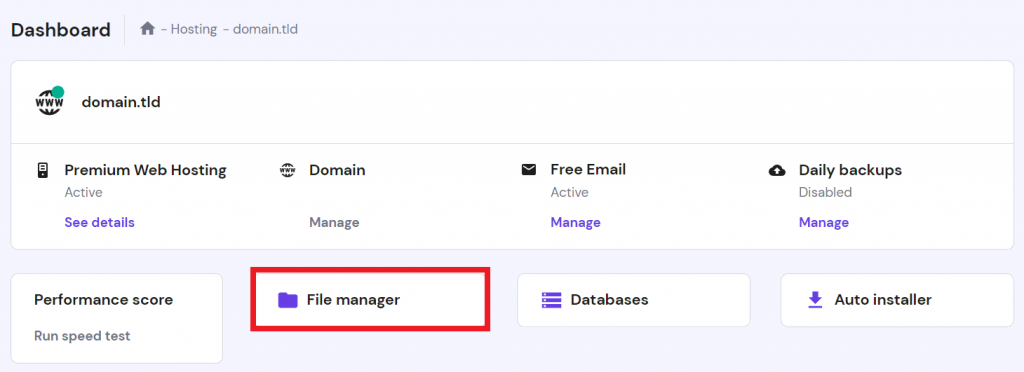 The File Manager button in the hPanel website management menu