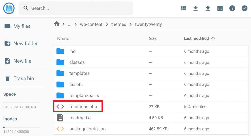 The functions.php file location in hPanel's File Manager